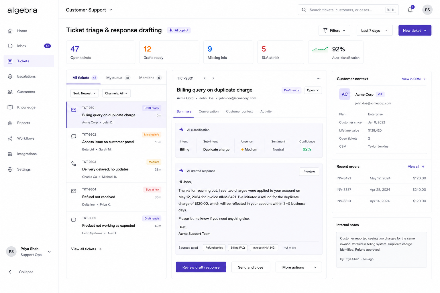 Customer support workflow screenshot 1