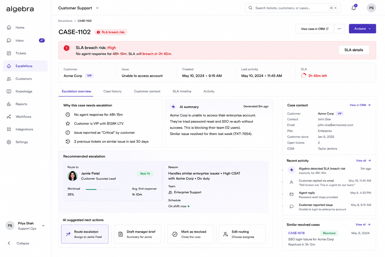 Customer support workflow screenshot 2