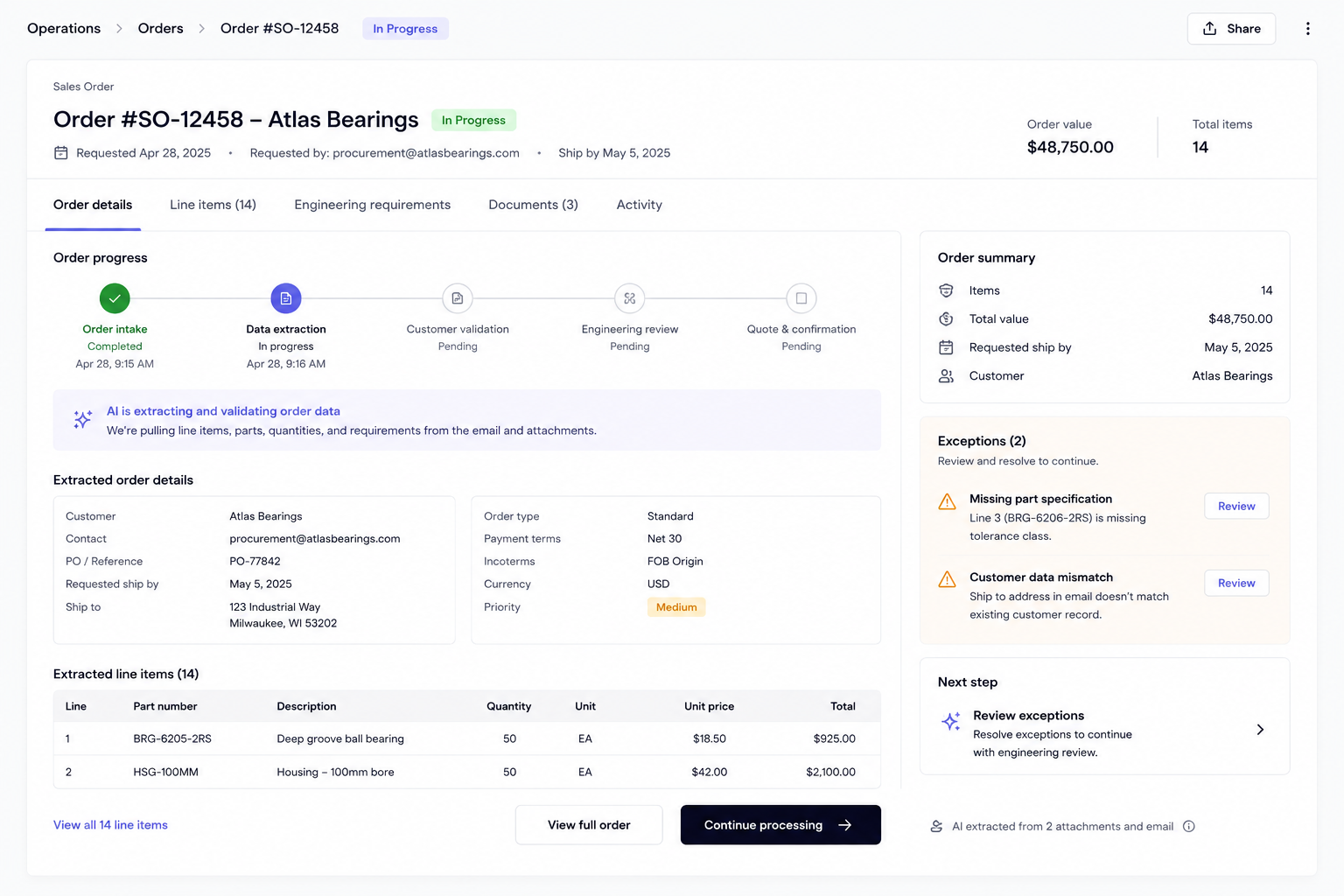 Manufacturing order intake workflow