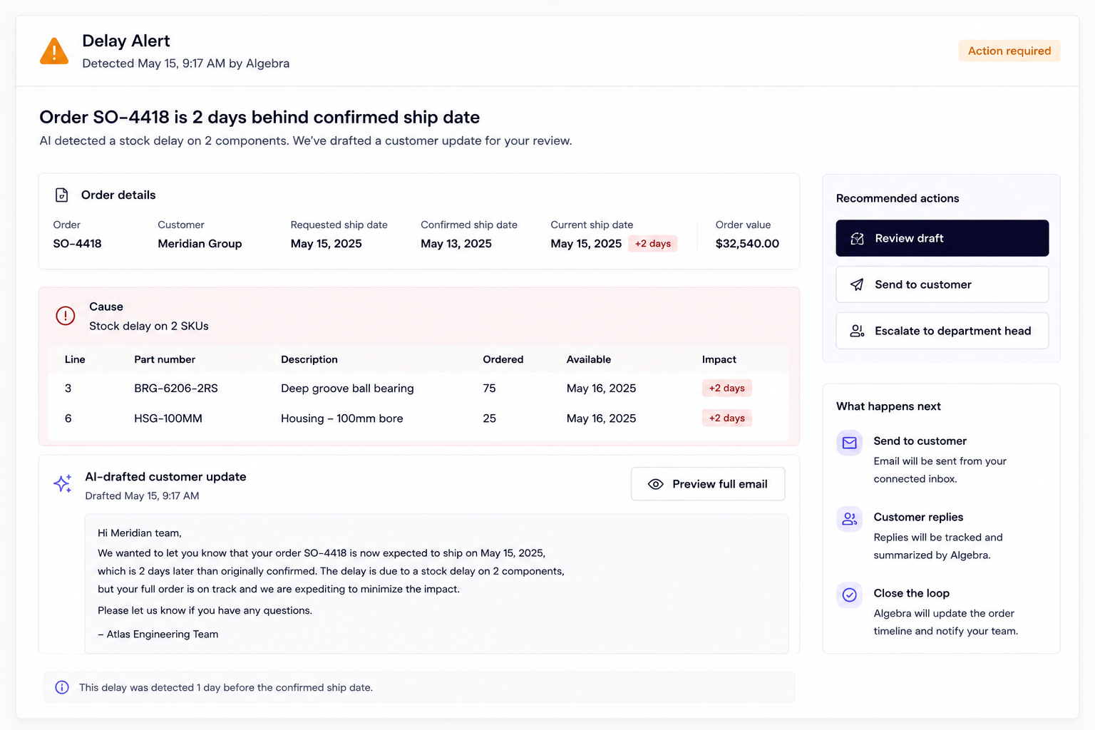 Manufacturing delay alert workflow