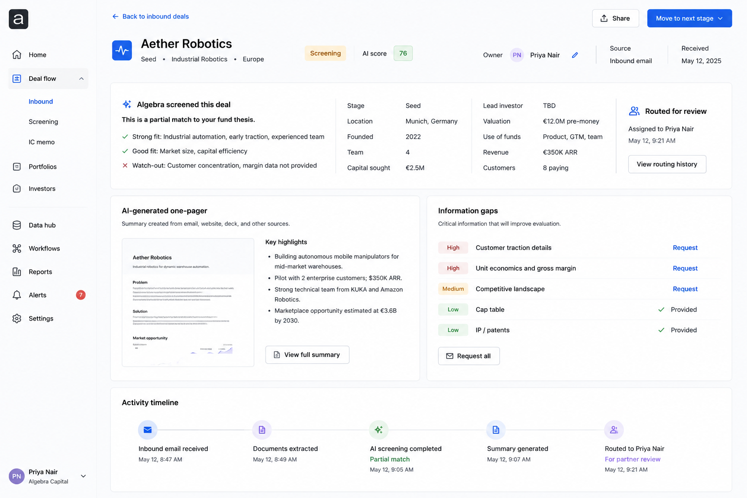 Venture capital workflow screenshot 1