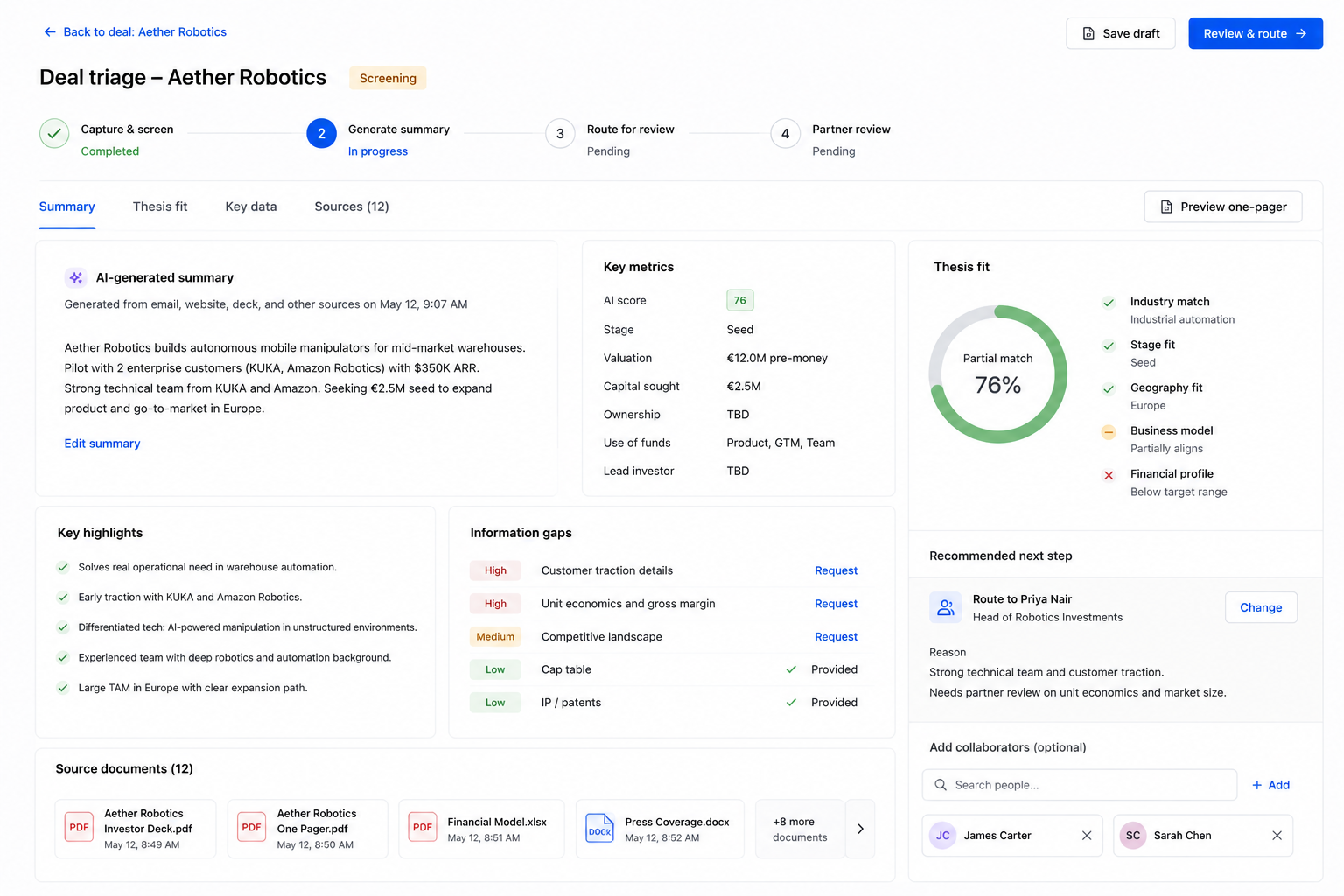 Venture capital workflow screenshot 2